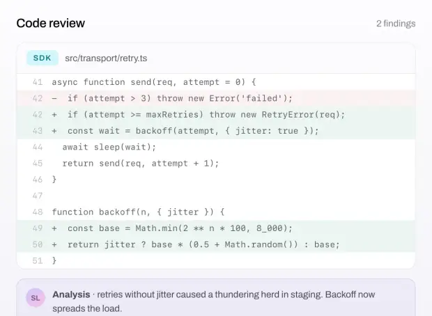 Code review with an inline diff and an analysis finding
